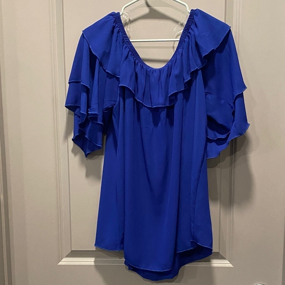 Hesed Royal Blue Ruffle Blouse Off Shoulder Flowy Dressy Top Summer 2XL